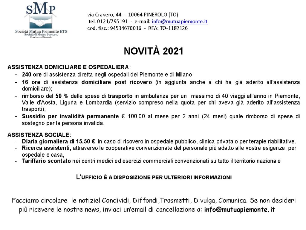 Novità 2021 Società Mutua Piemonte - Assistenza domiciliare e ospedaliera, Assistenza sociale